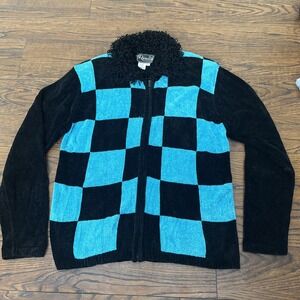 VTG Rochelle Women's Sweater Rayon Acrylic Full Zip Med Black Blue Check EUC